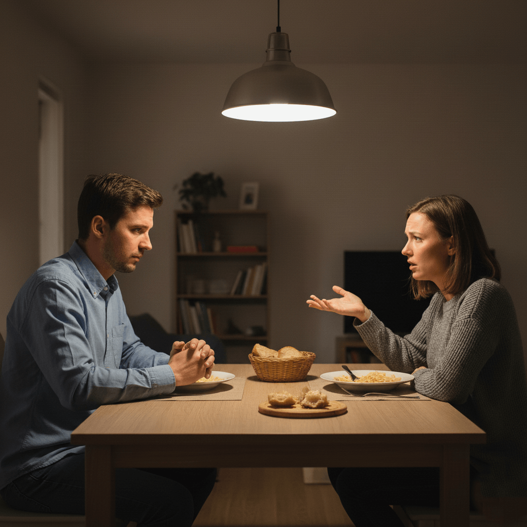 Man and woman having a serious conversation while sitting at a dining table with plates of food and bread basket.