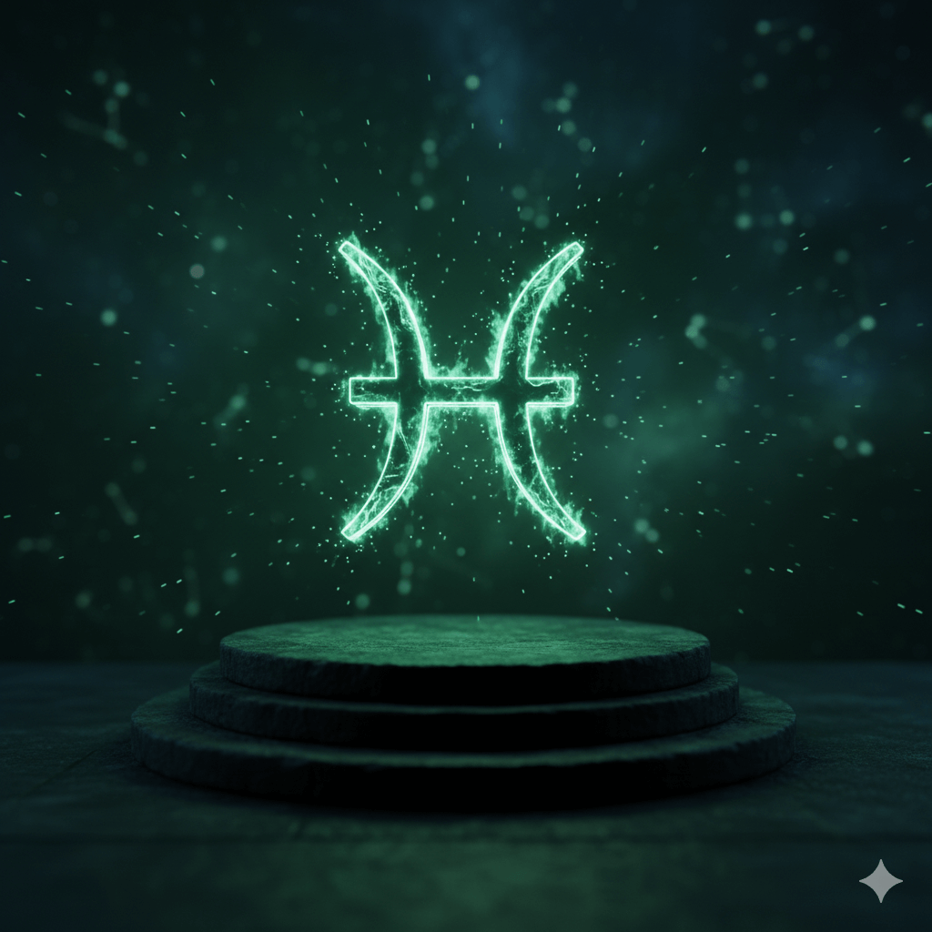 Glowing neon Pisces zodiac symbol floating above a dark stone pedestal with particle effects.