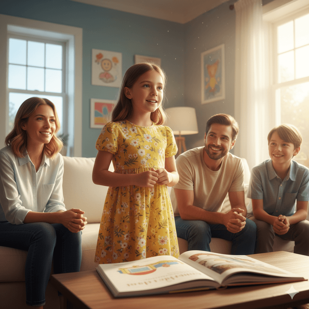 Young girl in a yellow floral dress reading a book aloud to her smiling family in a sunlit living room.