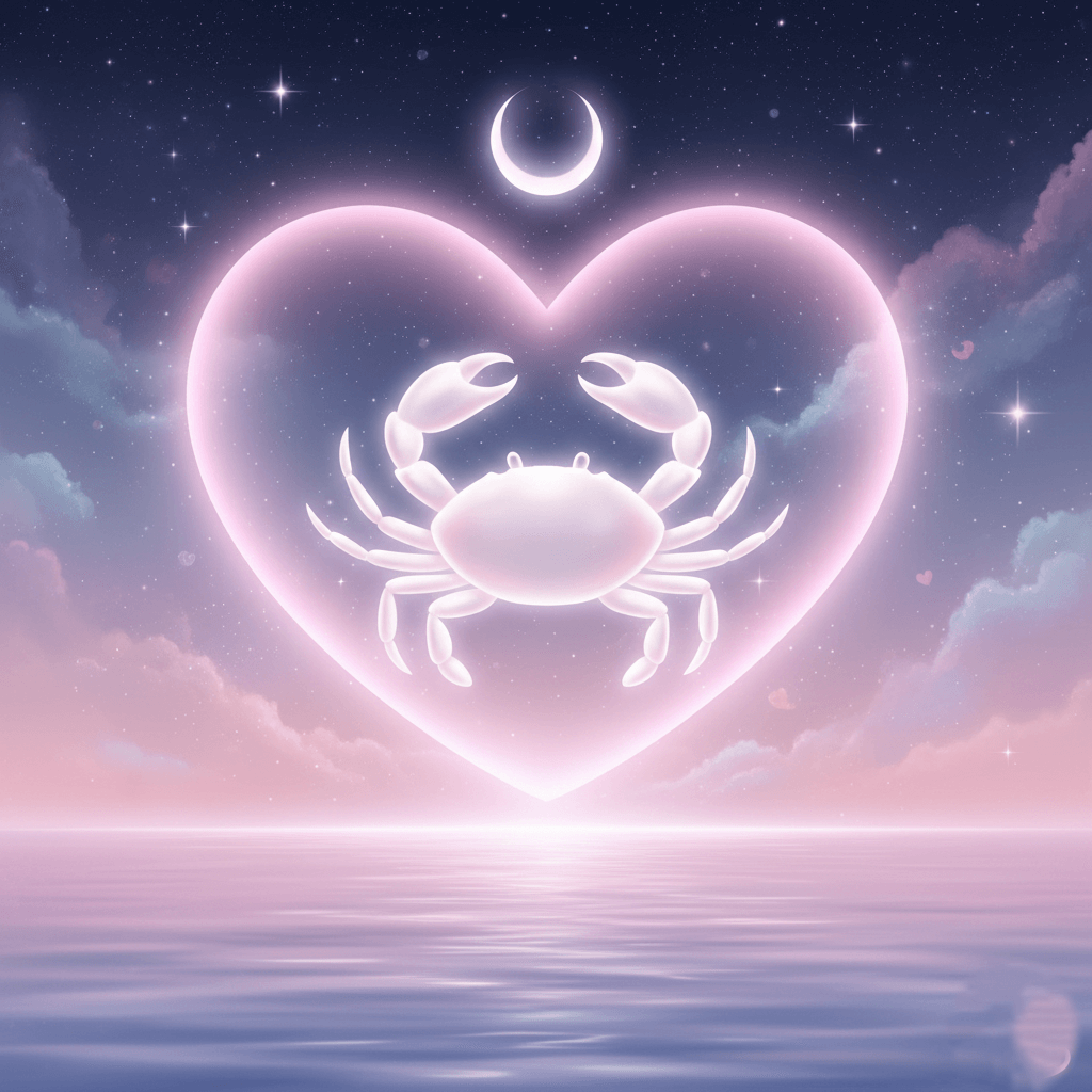 Glowing white crab inside a pink heart shape under a crescent moon over calm water at twilight