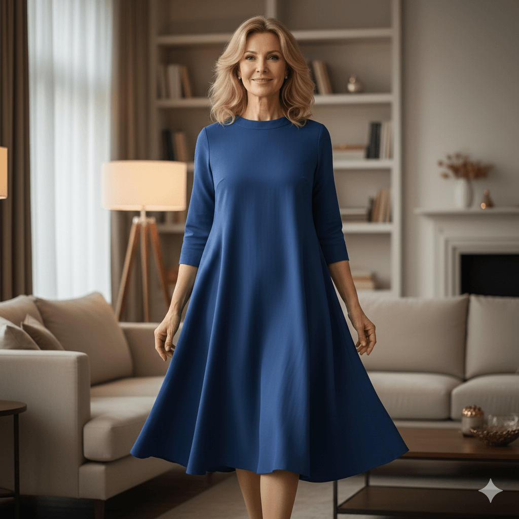 Woman in a blue long-sleeve dress standing in a modern living room with beige furniture and a floor lamp.