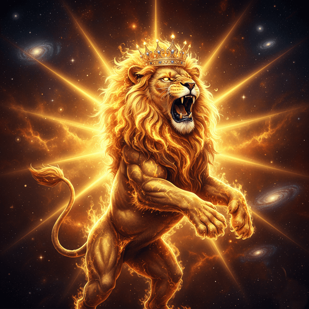 Roaring lion with a glowing golden mane and crown, surrounded by radiant light and galaxies in space.
