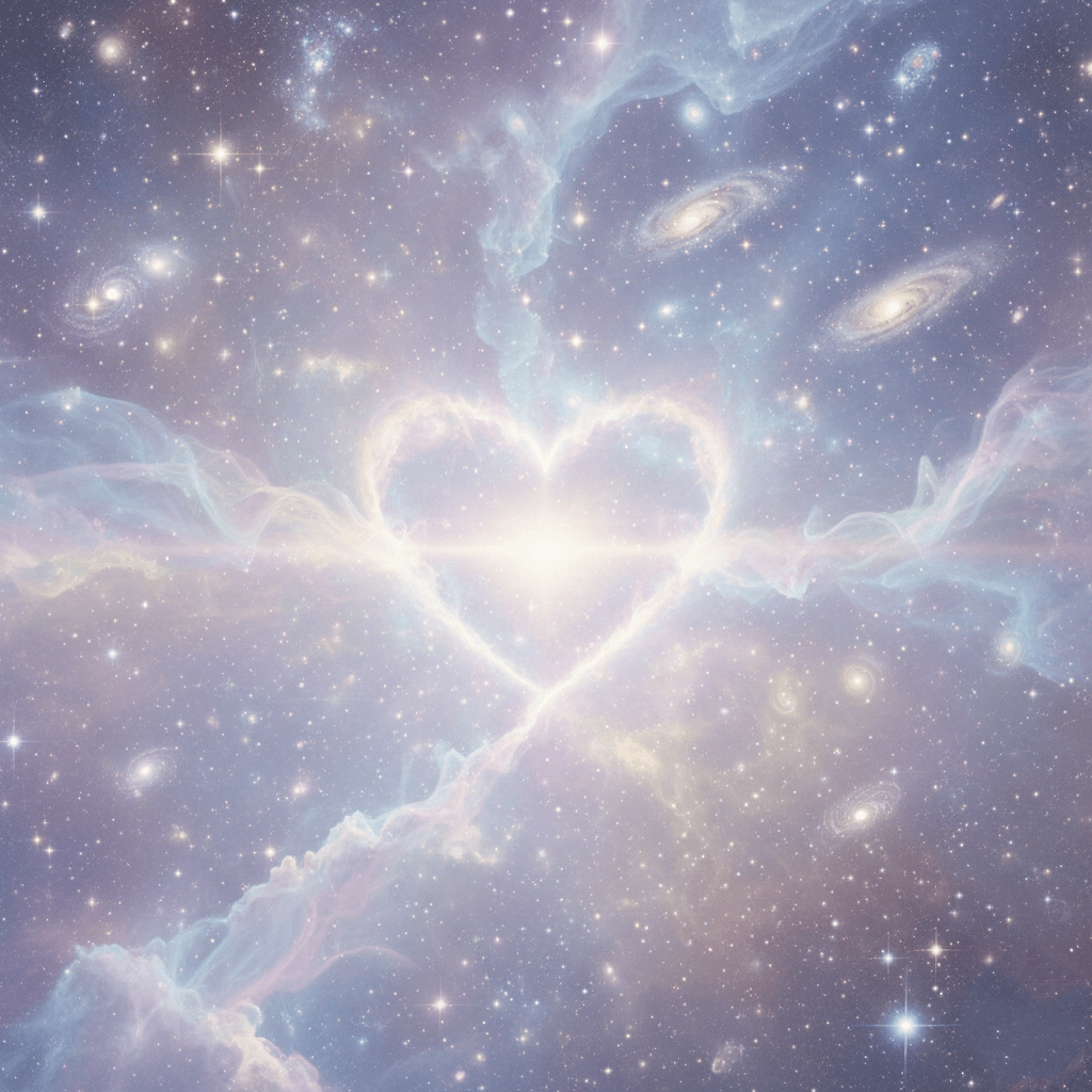 Glowing heart-shaped nebula surrounded by stars and galaxies in a cosmic space scene.