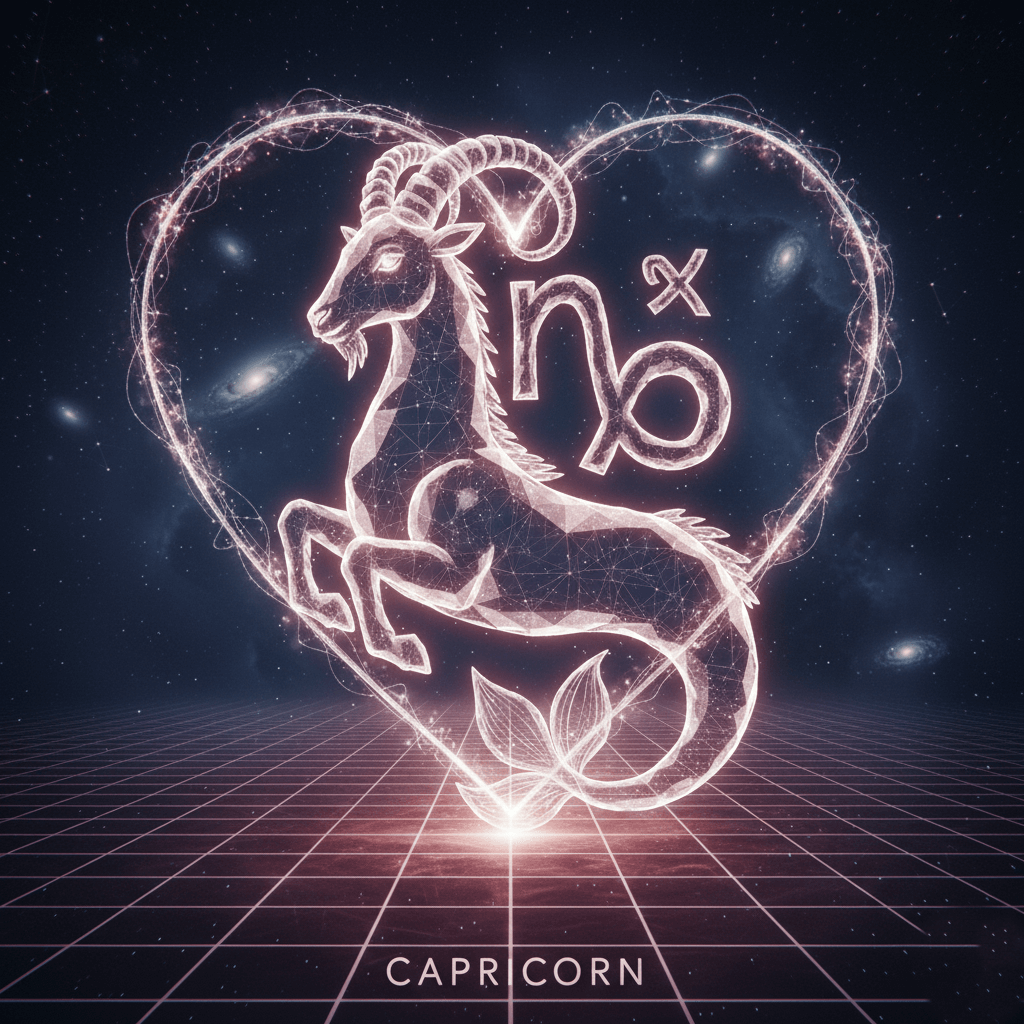 Glowing Capricorn zodiac symbol with a sea-goat inside a heart-shaped constellation on a starry background