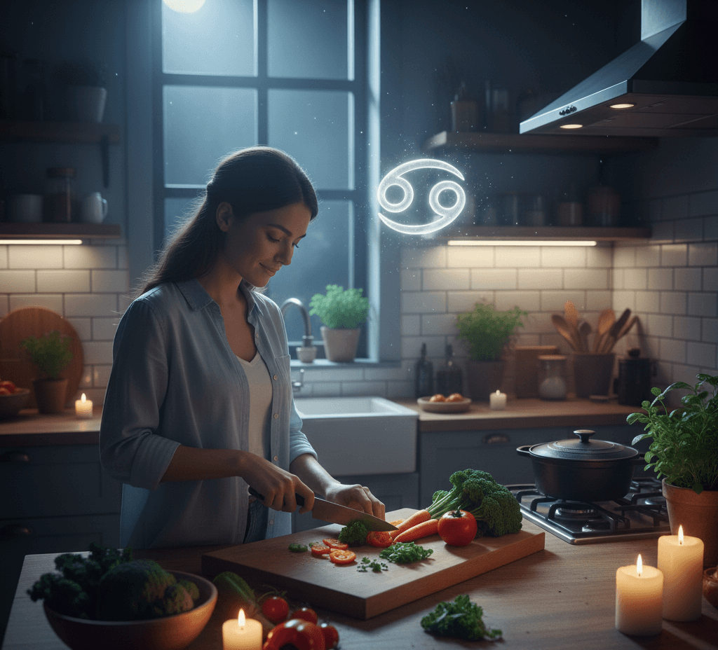 Woman chopping vegetables in a candlelit kitchen with a glowing Cancer zodiac symbol near the window.