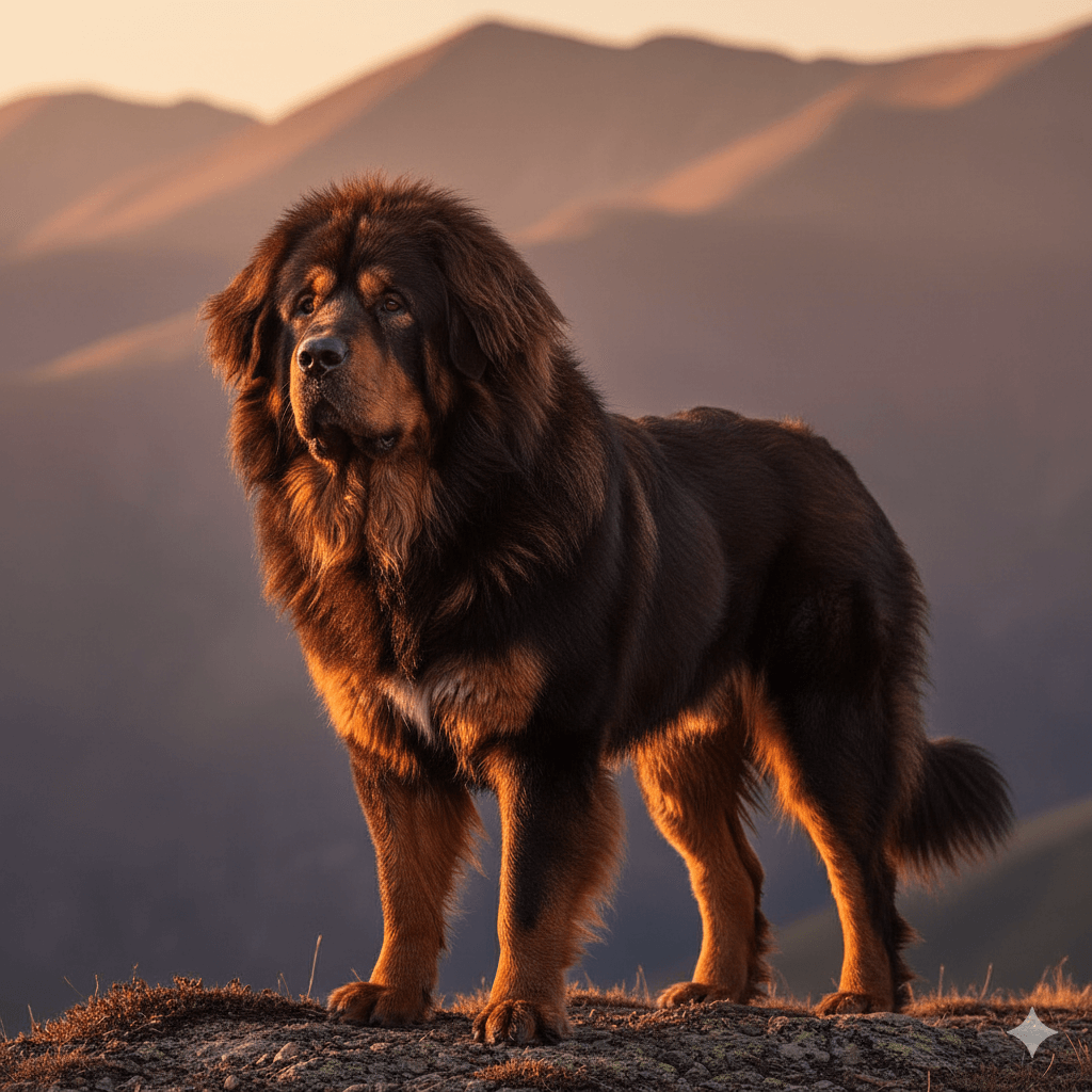 Tibetan Mastiff standing on a rocky hill with mountains in the background at sunset.