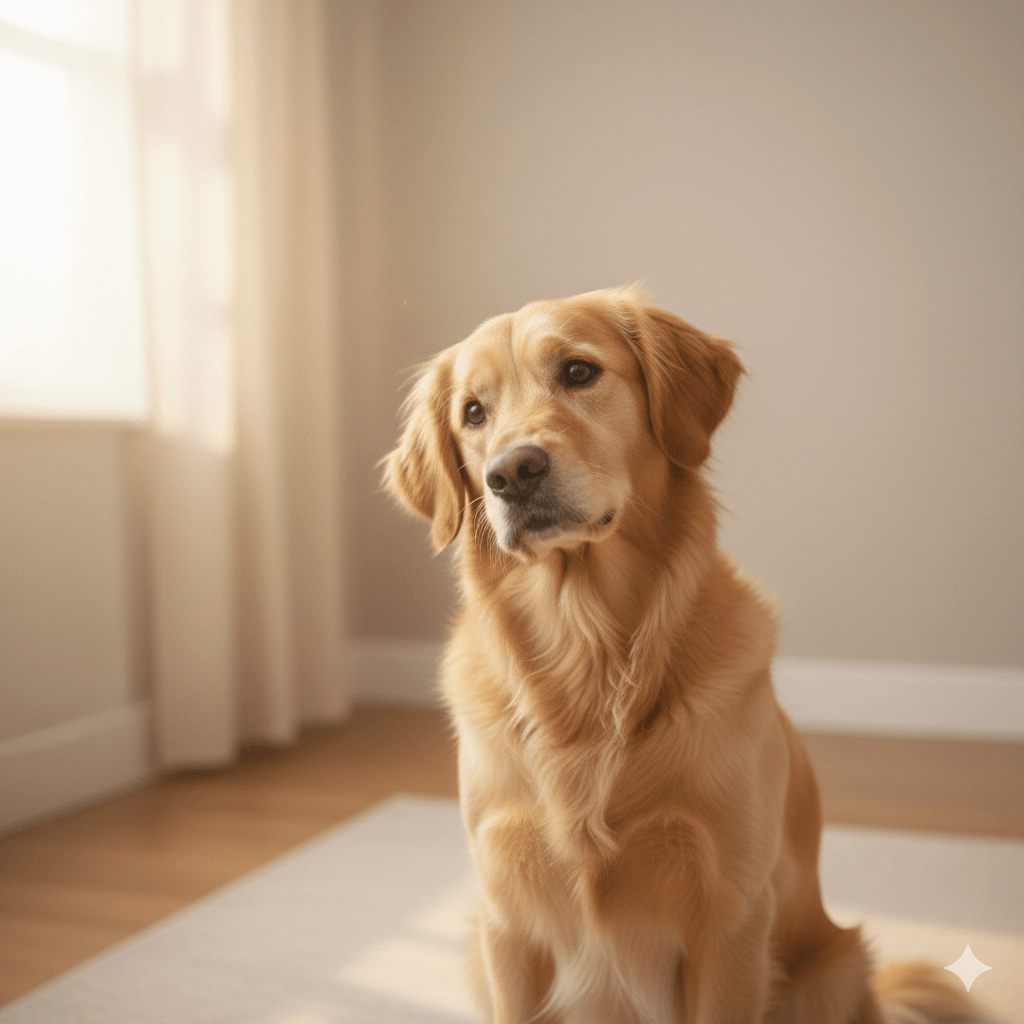 Golden Retriever sitting indoors near a sunlit window on a light-colored rug