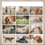 Collage of various dog breeds including Golden Retrievers, a Pug, a Dachshund, and a white fluffy dog in indoor and outdoor settings.
