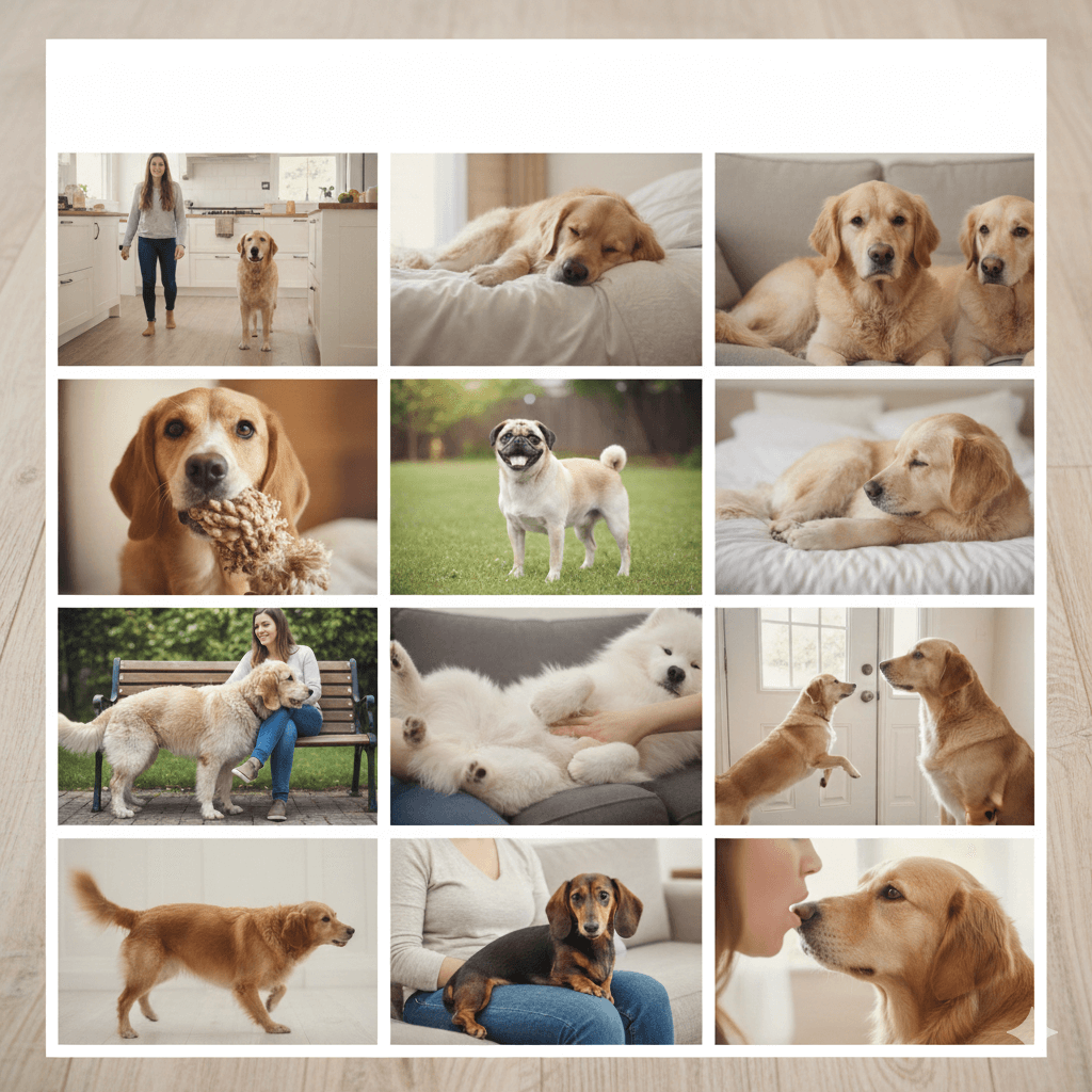 Collage of various dog breeds including Golden Retrievers, a Pug, a Dachshund, and a white fluffy dog in indoor and outdoor settings.