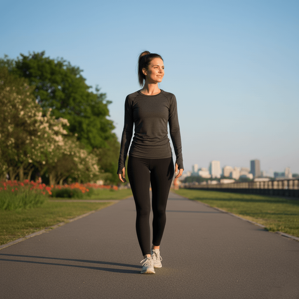Woman in black athletic wear walking on a paved path with city skyline and trees in the background at sunset