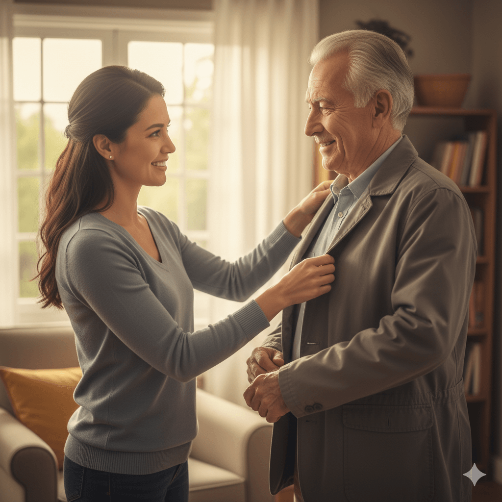Young woman helping elderly man button his jacket indoors with natural light from window behind them