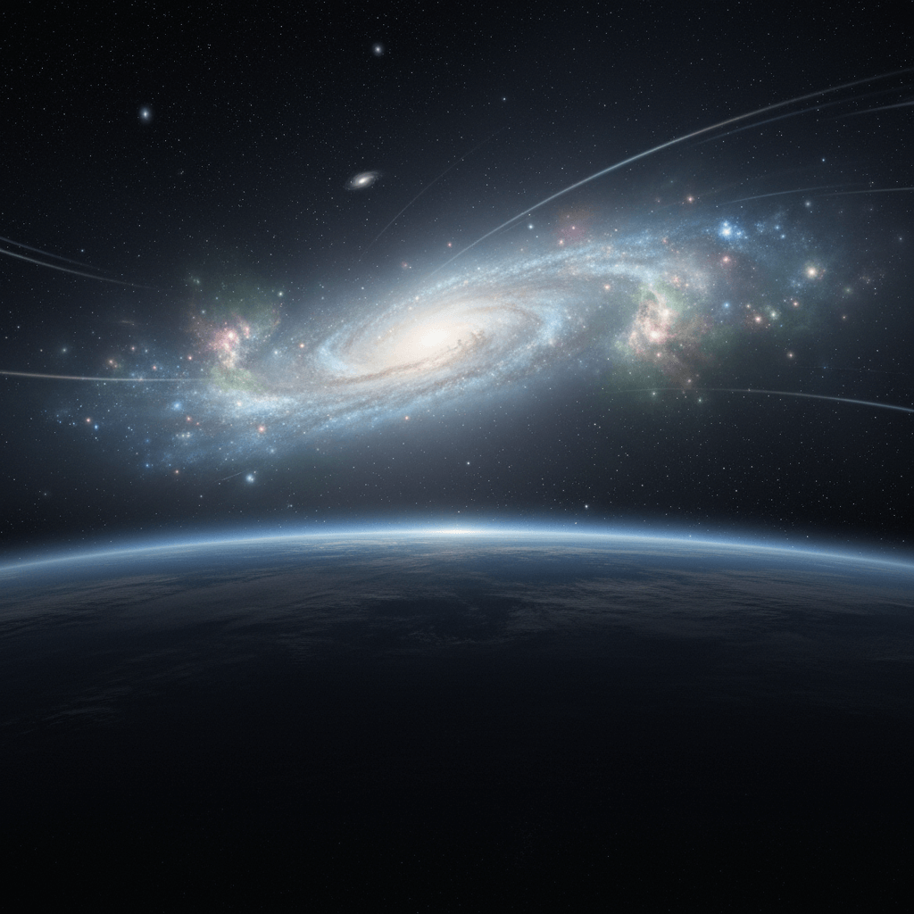 Spiral galaxy glowing with colorful stars above Earth's horizon in outer space.