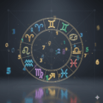 Colorful zodiac signs arranged in a circular chart with floating numbers on a dark background