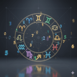 Colorful zodiac signs arranged in a circular chart with floating numbers on a dark background
