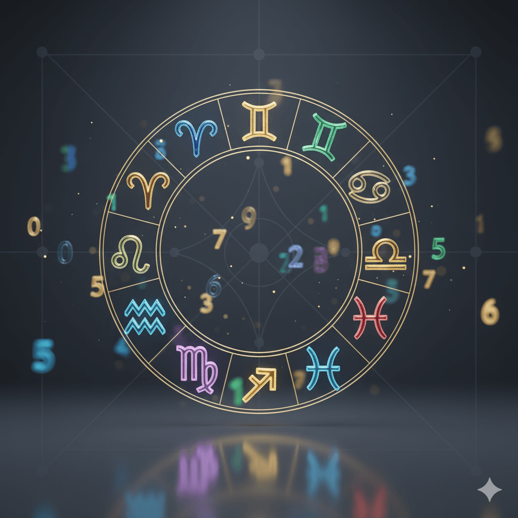 Colorful zodiac signs arranged in a circular chart with floating numbers on a dark background