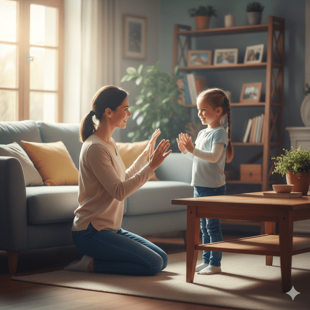 Mother kneeling and playing hand-clapping game with her young daughter in a cozy living room.