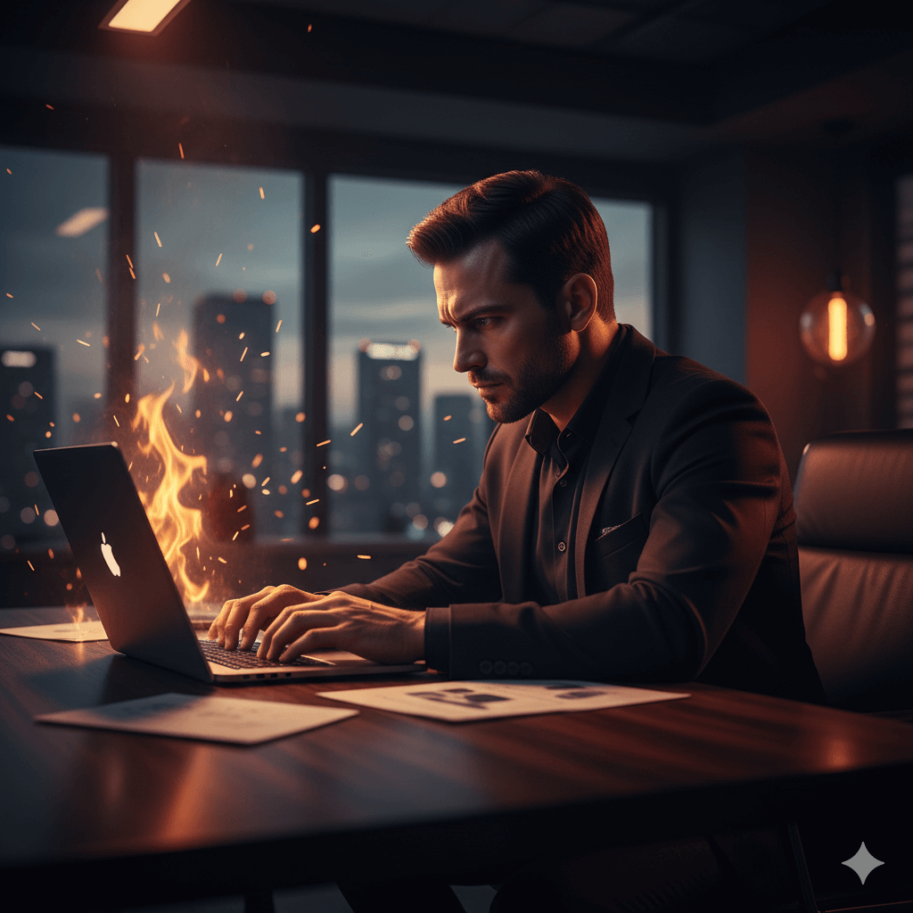 Man in black suit working on a MacBook laptop with flames coming from the keyboard in a modern office at dusk.