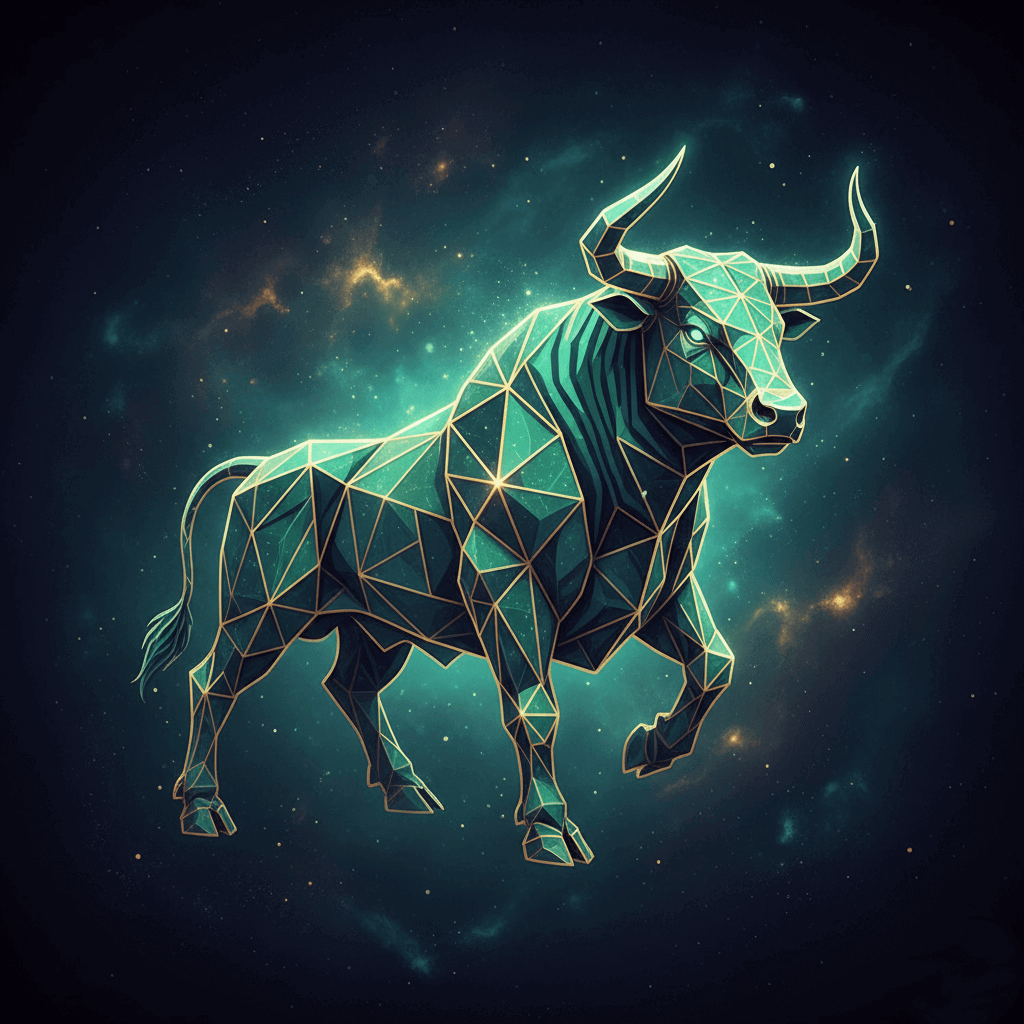 Geometric digital illustration of a glowing Taurus bull constellation against a starry cosmic background.