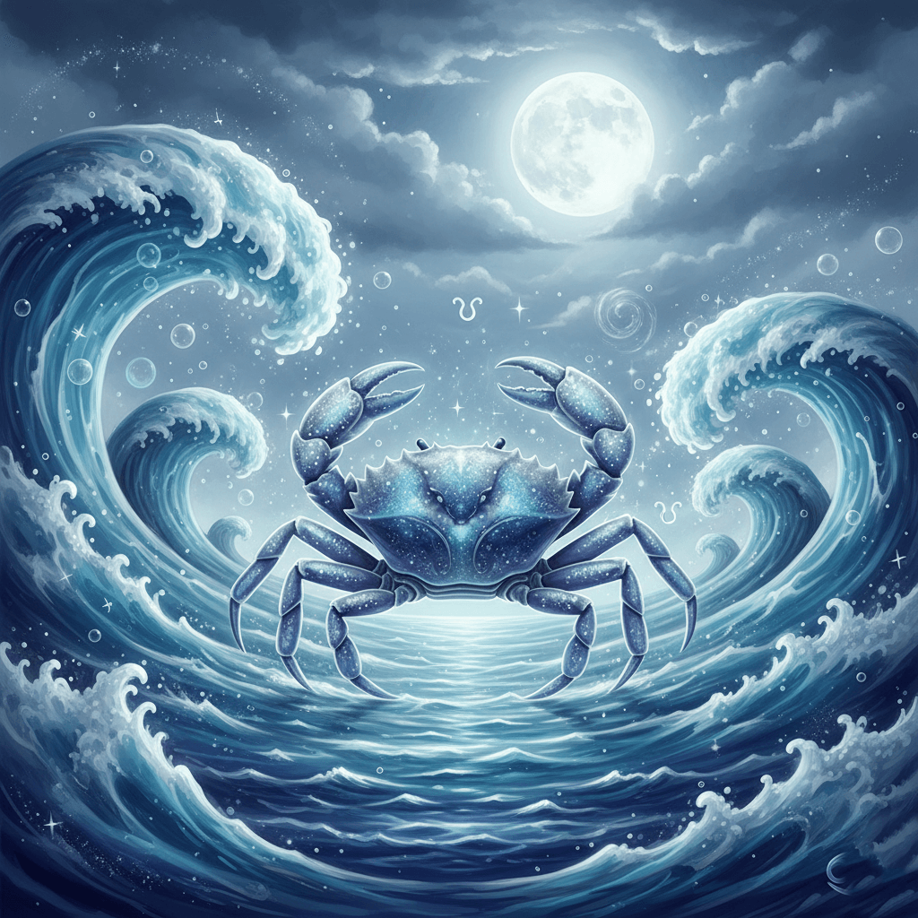 Blue crab with raised claws in a mystical ocean under a full moon with large waves and starry sky