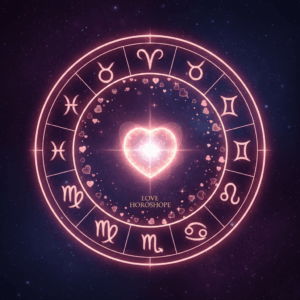 Glowing pink zodiac wheel with a bright heart at the center and the text "Love Horoscope" against a starry background