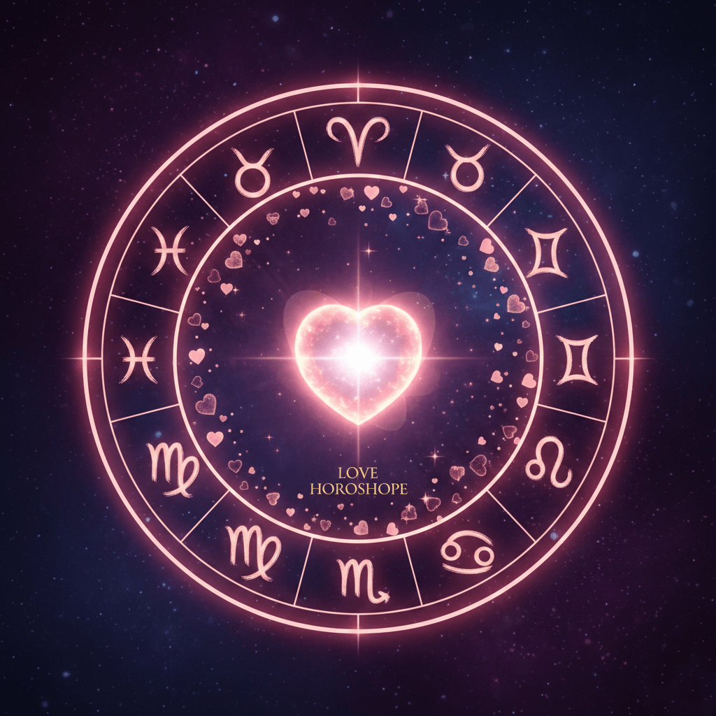 Glowing pink zodiac wheel with a bright heart at the center and the text "Love Horoscope" against a starry background