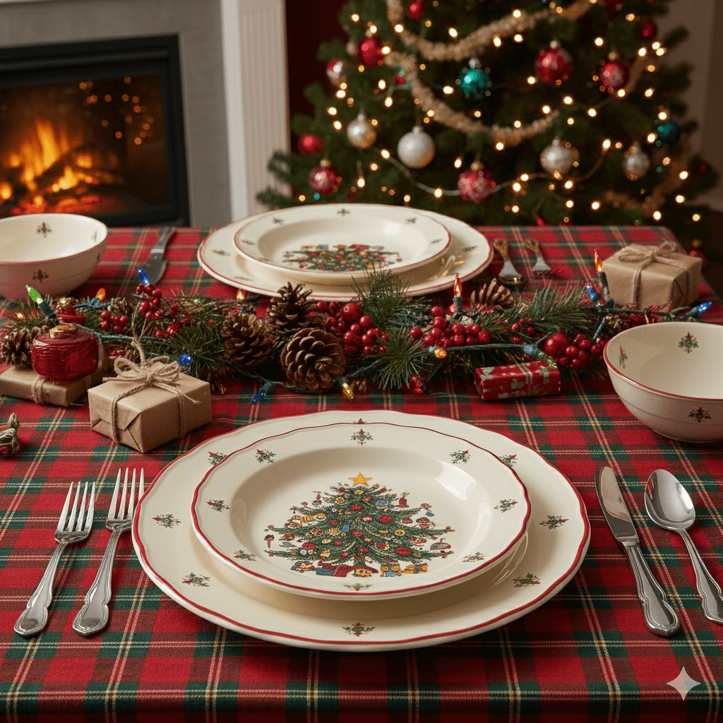 Christmas-themed table setting with plates featuring decorated Christmas trees, pinecone centerpiece, and wrapped gifts
