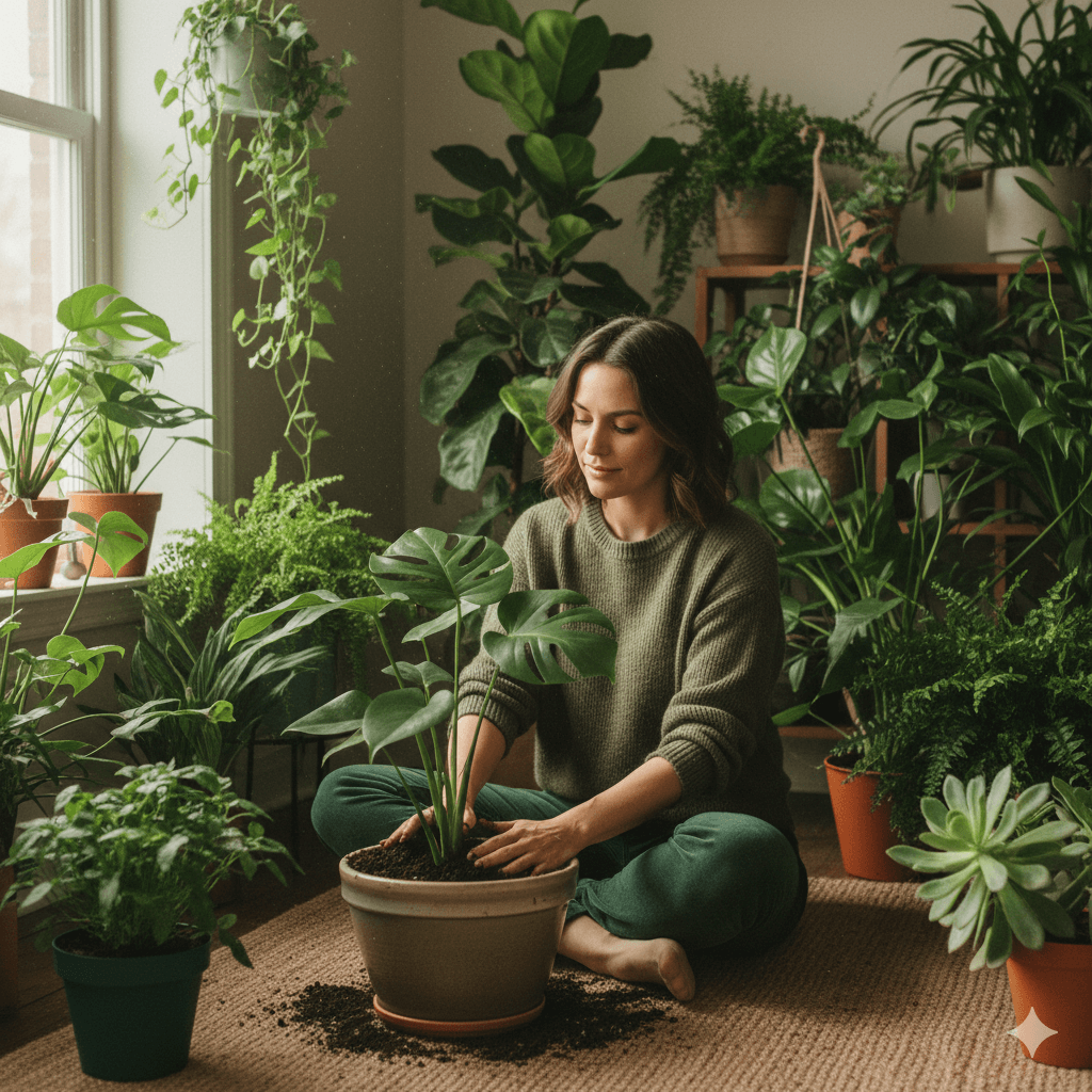 Woman in green sweater repotting a Monstera plant surrounded by various indoor plants in a sunlit room