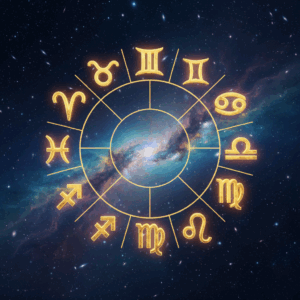 Glowing golden zodiac signs arranged in a circle over a galaxy background with stars and nebulae.