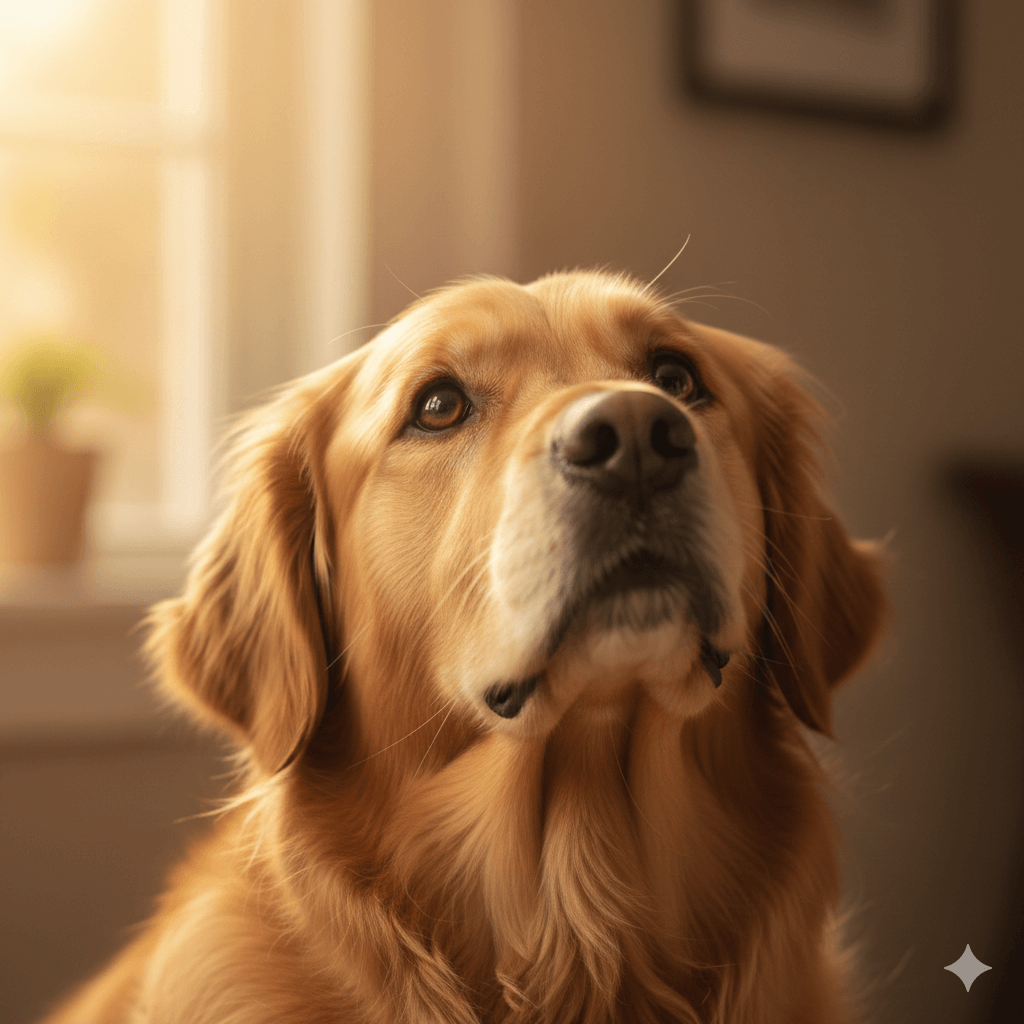 Golden Retriever dog looking up indoors with soft sunlight in the background