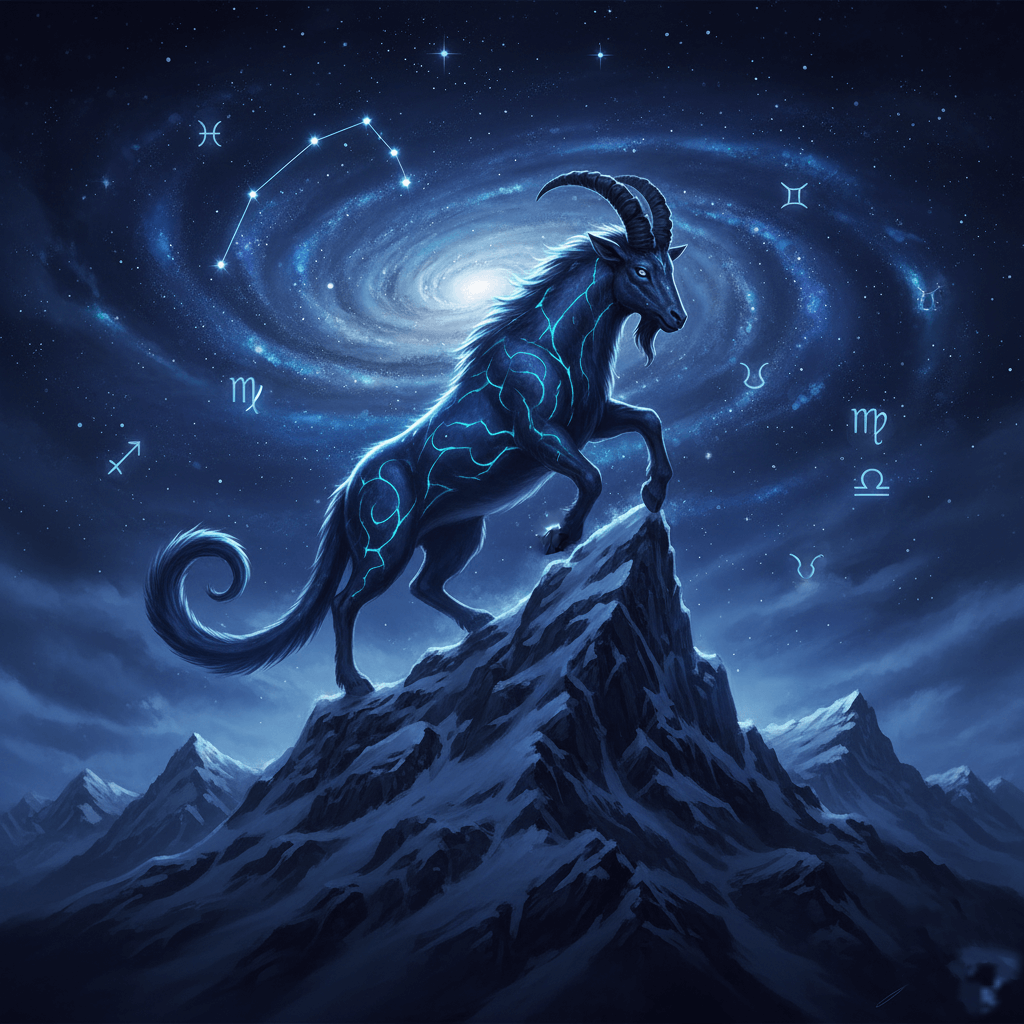 Capricorn zodiac goat with glowing constellation markings standing on a mountain peak under a starry galaxy sky.