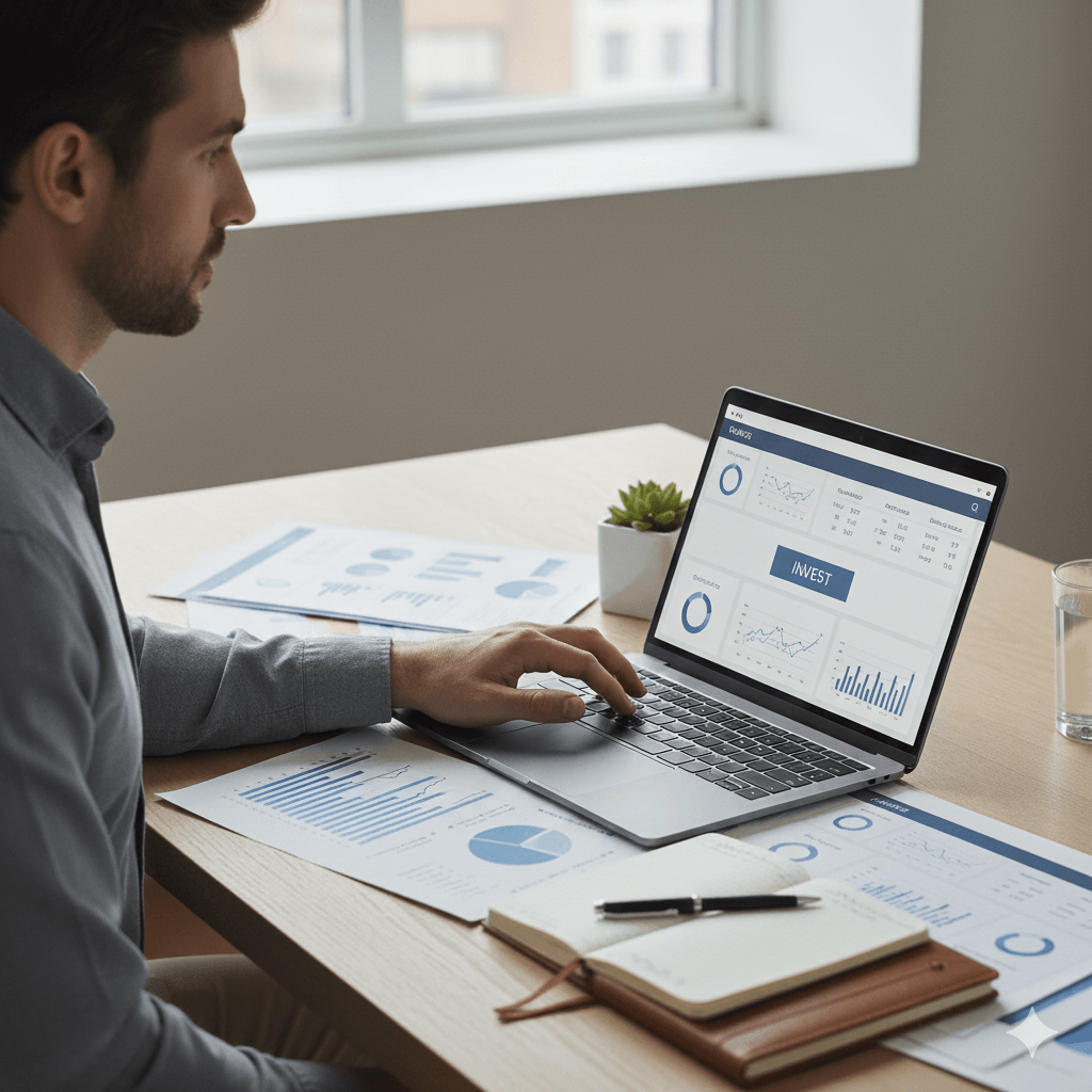 Man analyzing investment charts and graphs on a laptop and printed reports at a desk