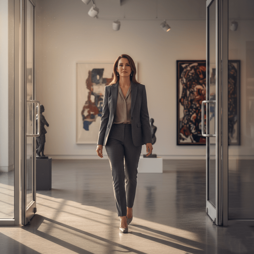 Woman in gray suit walking through an art gallery with abstract paintings and sculptures in the background