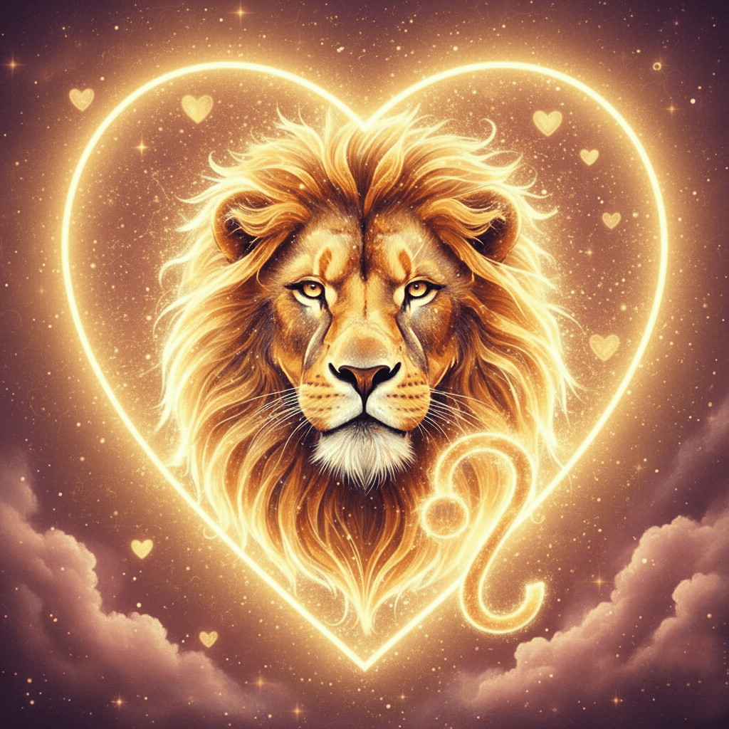 Glowing lion head inside a heart shape with the Leo zodiac symbol surrounded by stars and clouds