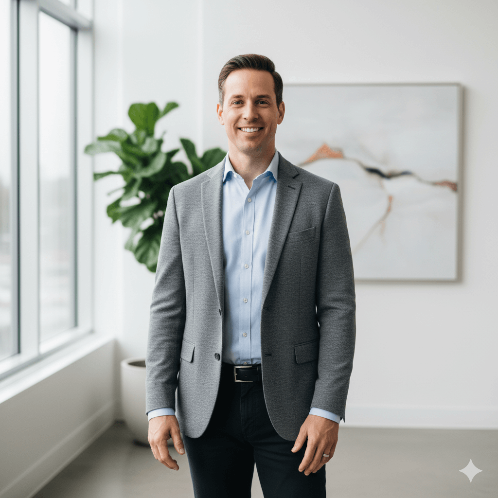 Smiling man in gray blazer and light blue shirt standing in modern office with large window and plant