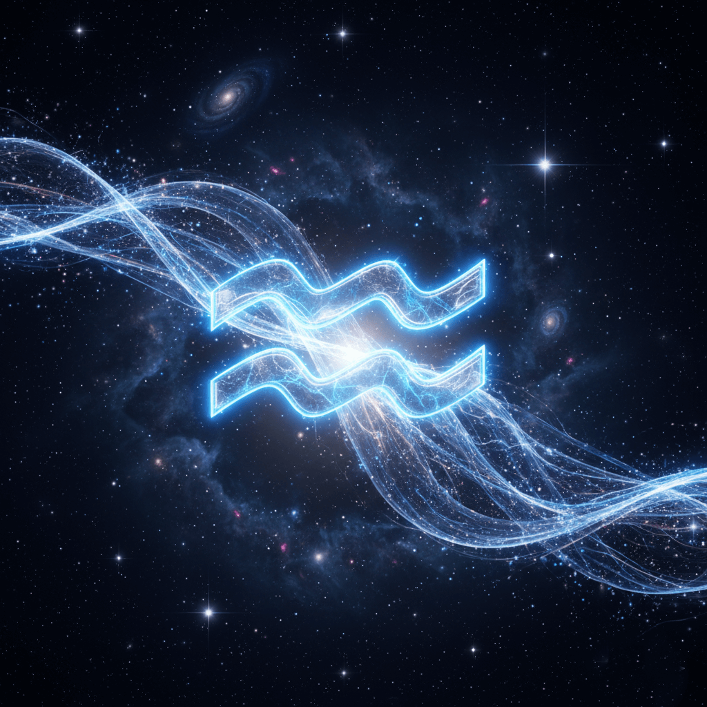 Glowing Aquarius zodiac symbol with flowing light waves against a starry galaxy background
