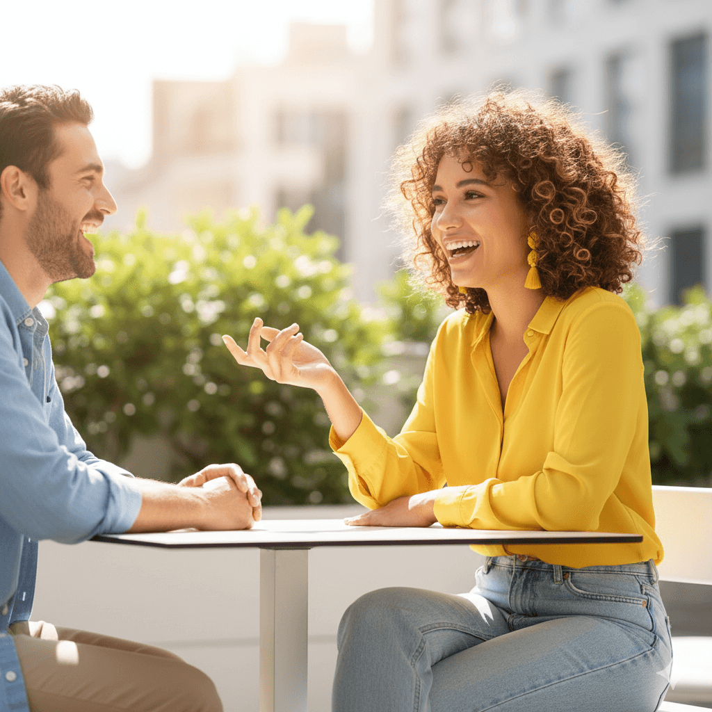 Two people smiling and talking at an outdoor table, woman wearing a yellow blouse and jeans.