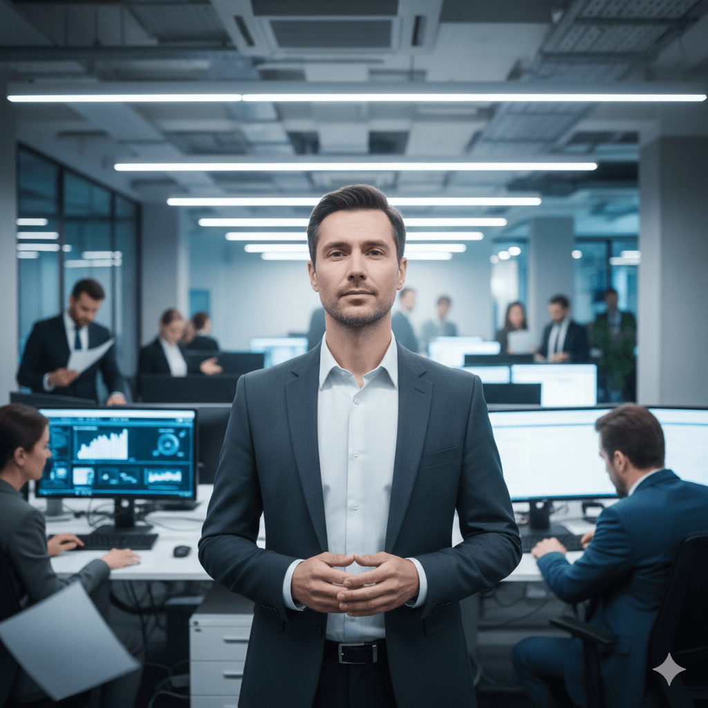 Confident businessman in suit standing in modern office with colleagues working on computers in the background