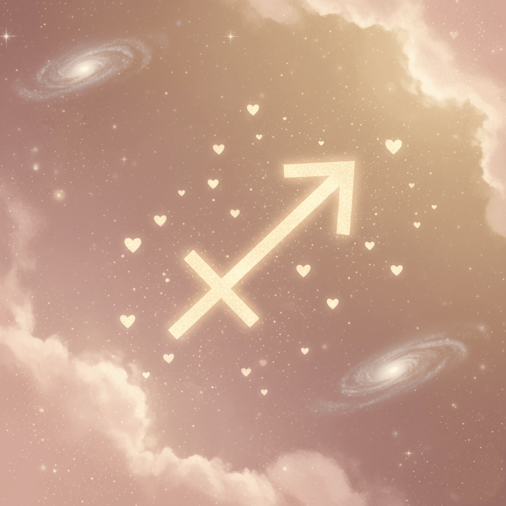 Glowing Sagittarius zodiac symbol surrounded by small hearts against a cosmic background with galaxies and clouds