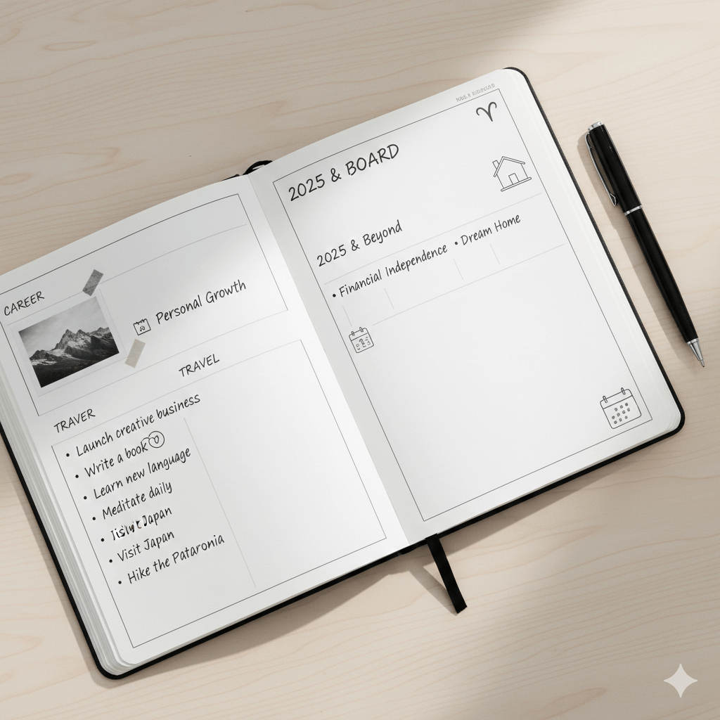 Open planner showing goals for career, travel, personal growth, and 2025 financial independence and dream home plans.