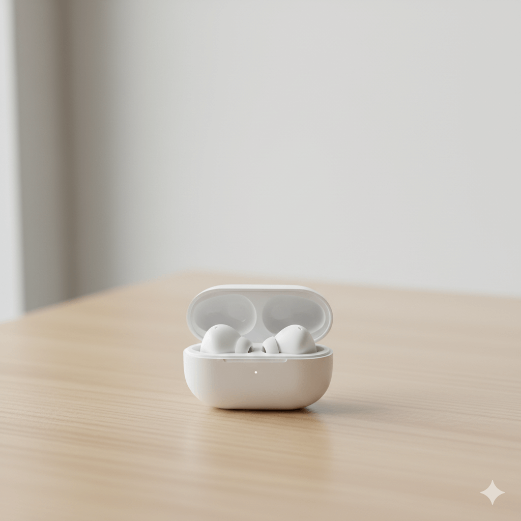 White wireless earbuds in an open charging case on a wooden surface