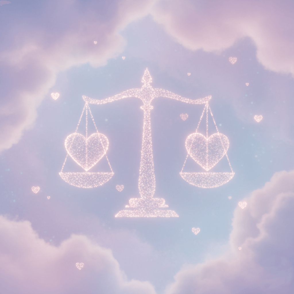 Glittery scales of justice with heart-shaped pans floating in a pastel purple sky with clouds and small hearts.