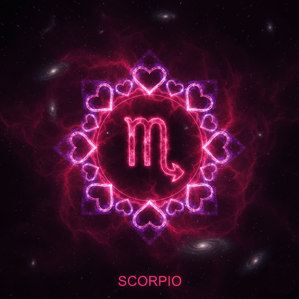 Glowing pink Scorpio zodiac symbol surrounded by hearts and cosmic background with galaxies.