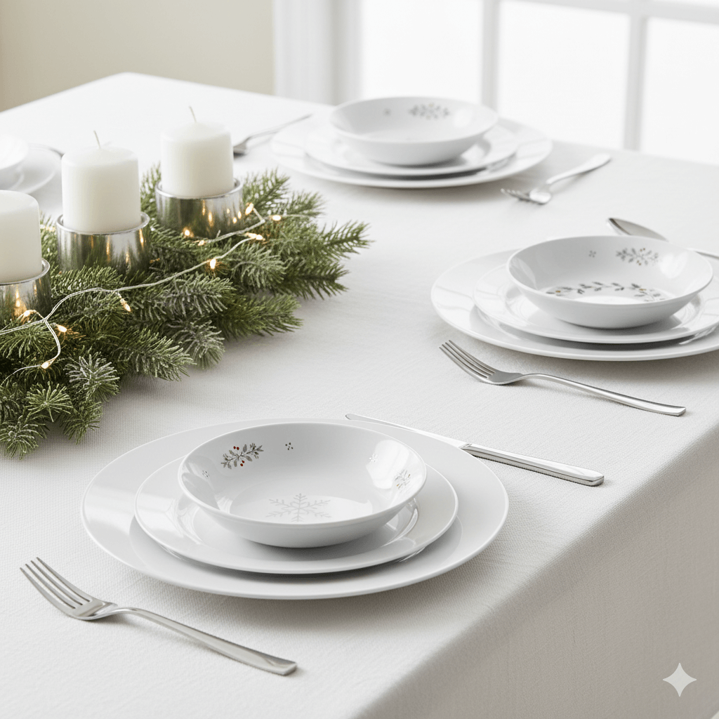 White holiday table setting with snowflake and holly patterned dishes and a pine centerpiece with white candles and string lights