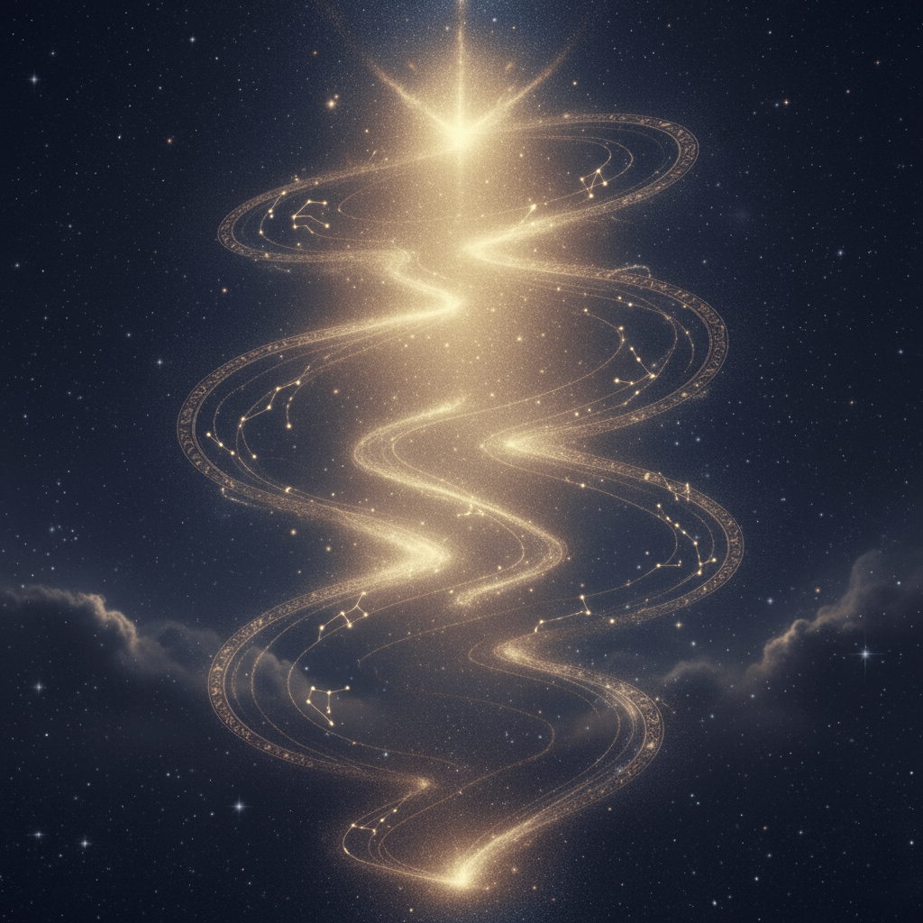 Glowing golden spiral of constellations and stars against a dark night sky with clouds.