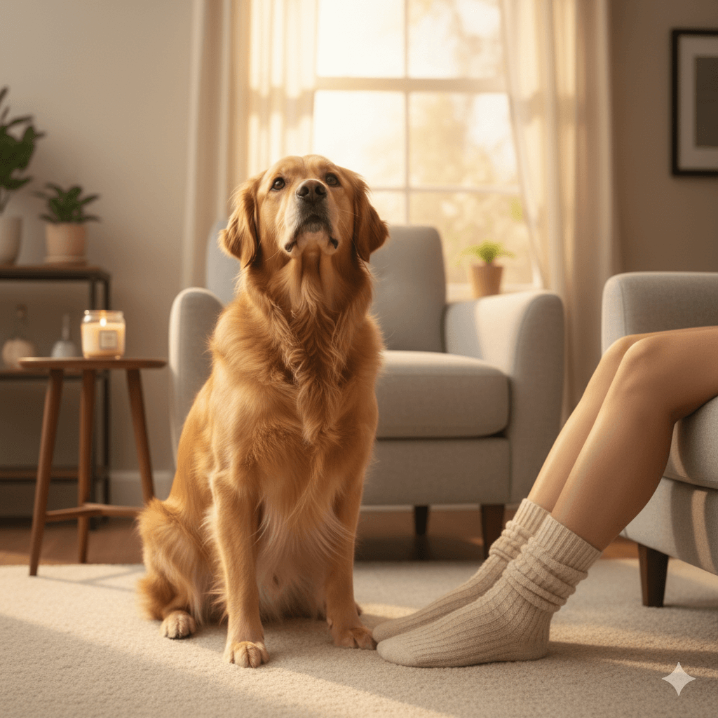 Golden retriever sitting on a carpeted floor next to a person wearing beige socks in a cozy living room.