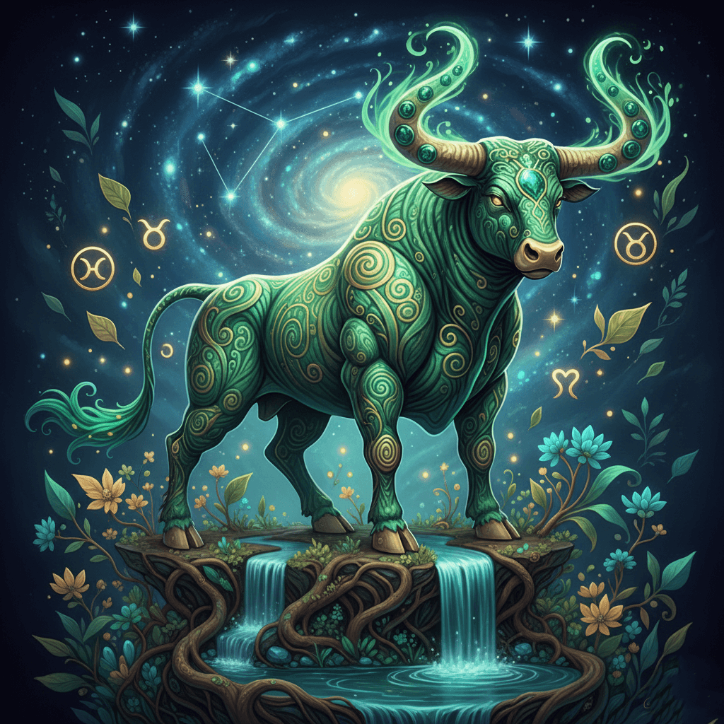 Ornate green bull with swirling patterns standing on a floating island with waterfalls under a starry sky and zodiac symbols.