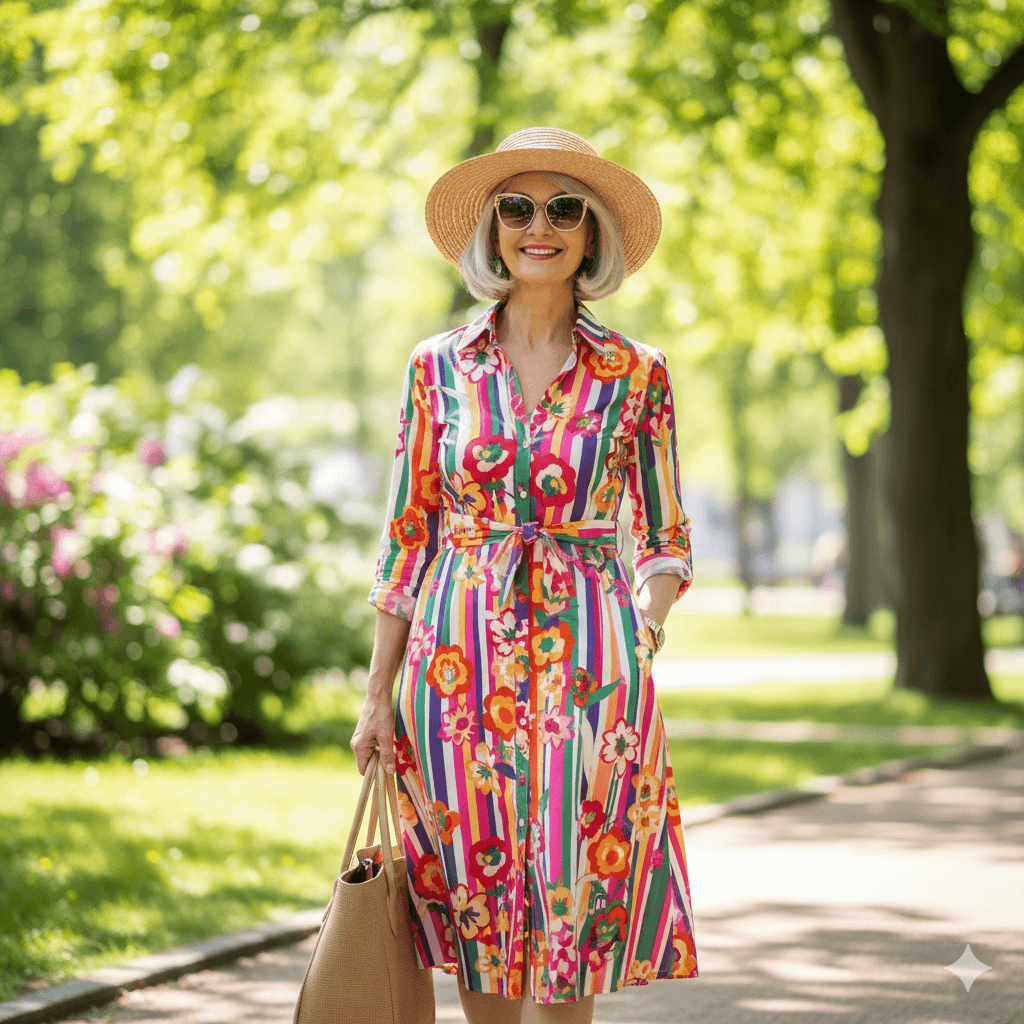 Smiling woman in a colorful floral striped dress and straw hat walking in a sunlit park carrying a beige tote bag.
