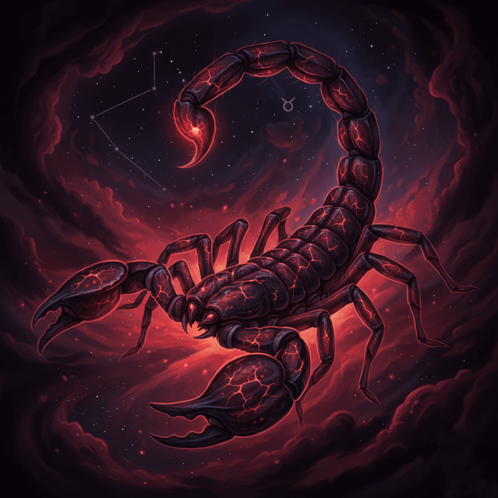 Glowing red and black scorpion with Taurus constellation and zodiac symbol in a cosmic background
