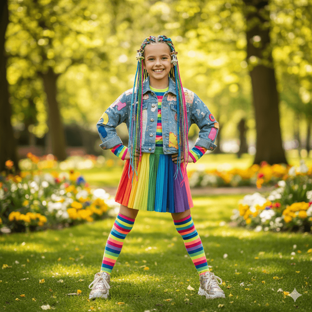 Smiling girl with colorful braided hair wearing a rainbow skirt, striped socks, and a decorated denim jacket in a park.