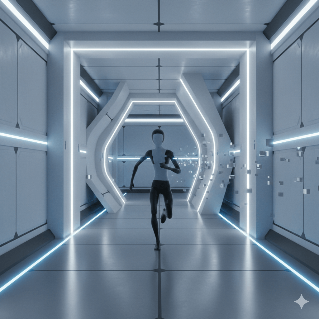 Futuristic humanoid robot running through a glowing, high-tech corridor with digital particles trailing behind.